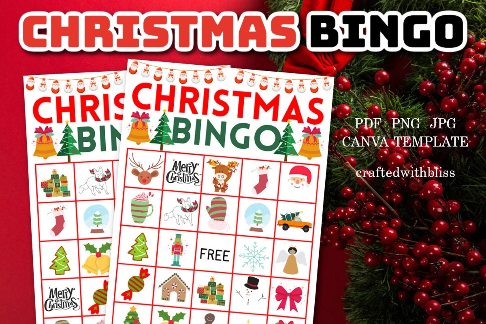 Christmas Bingo Game for Kids, 20 Cards